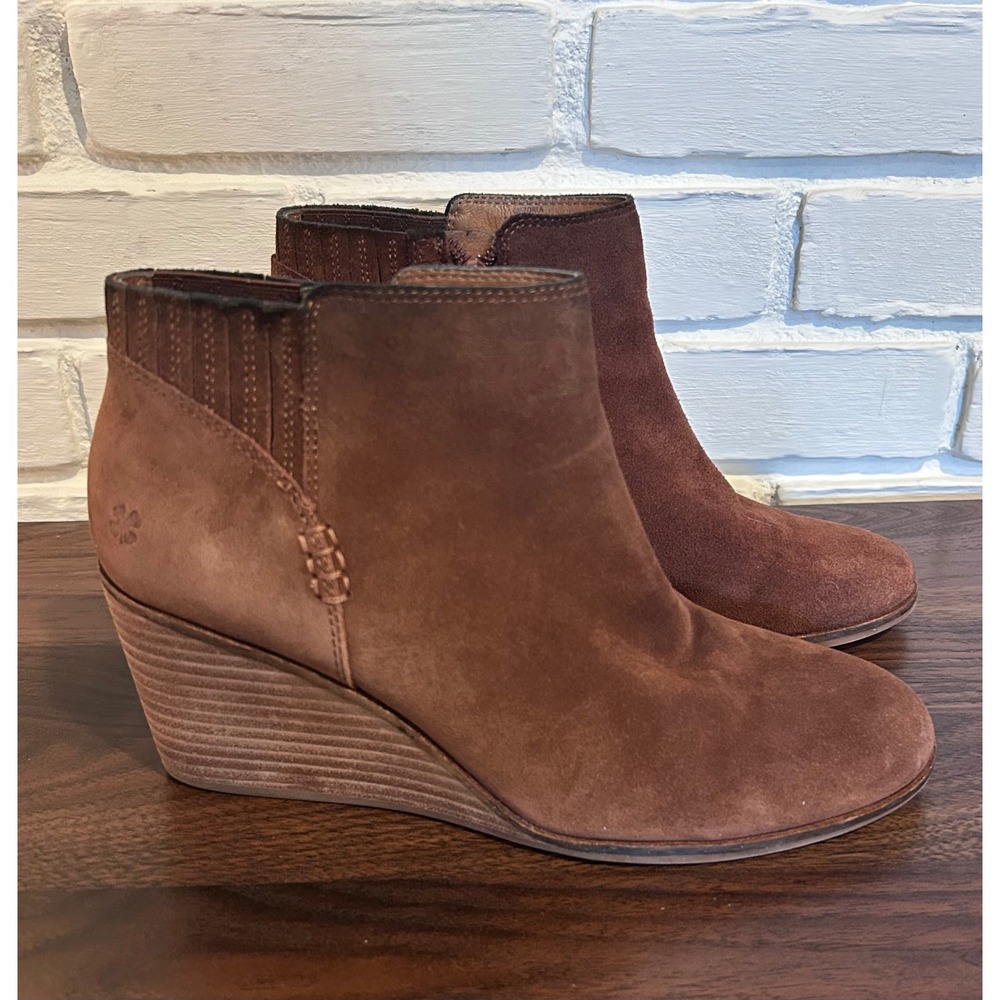 Lucky Brand Zorla Brown Suede Wedge Ankle Booties Womens 8.5 Chic Classic Boho